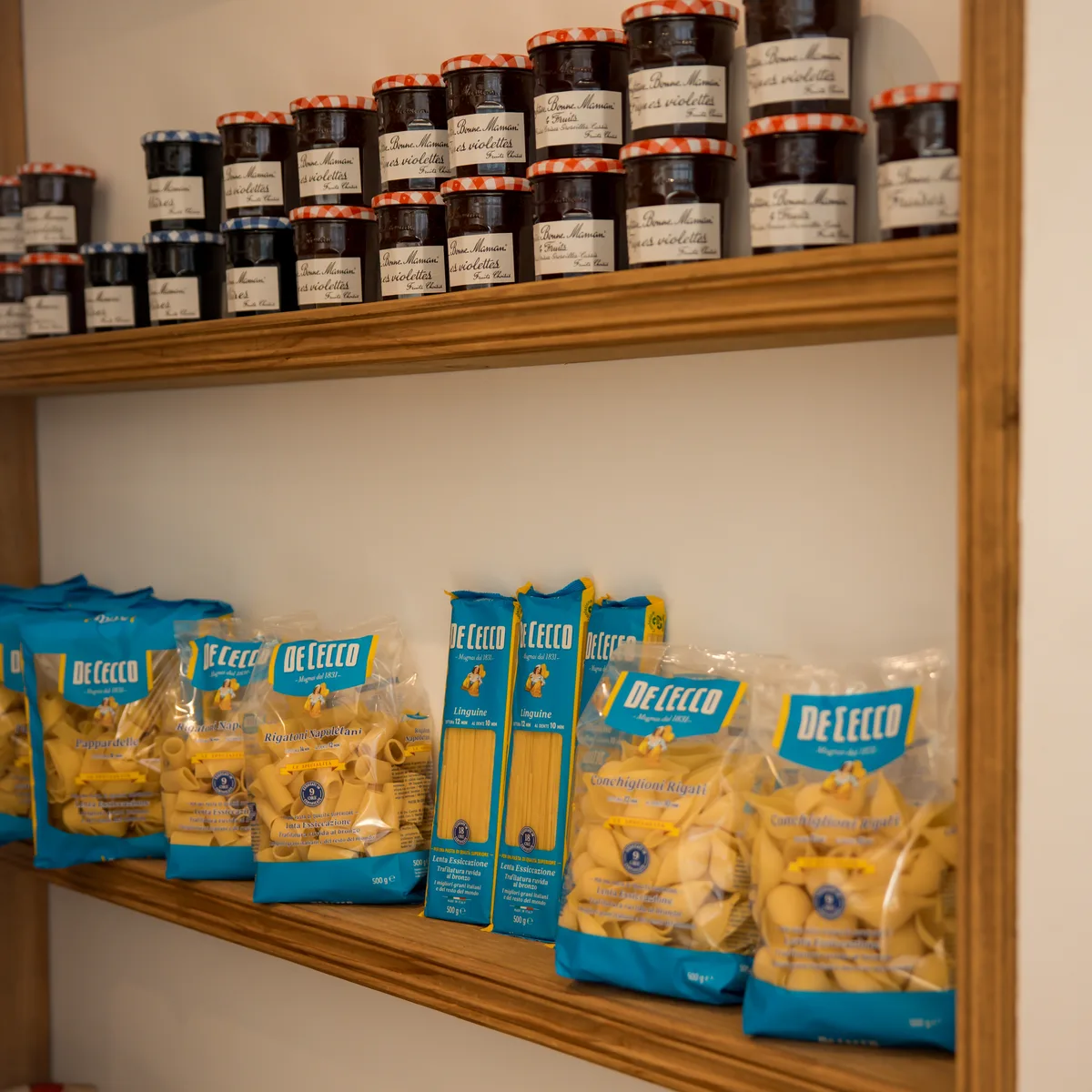 Shelves with jams and fine groceries